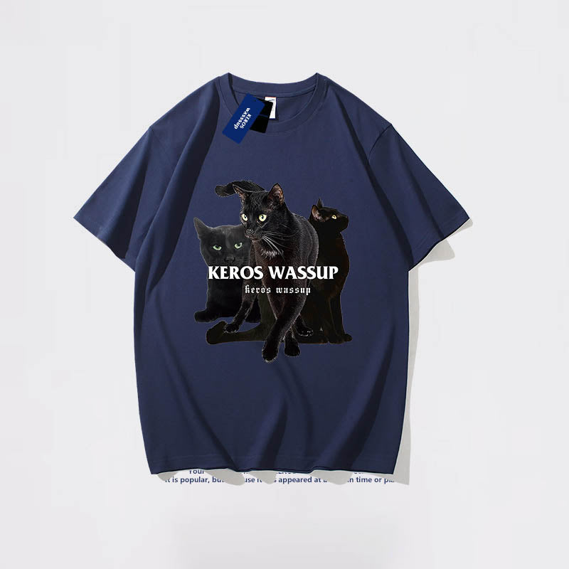 韓国風夏ファッション 半袖黒猫プリントコットンラウンドネックTシャツ