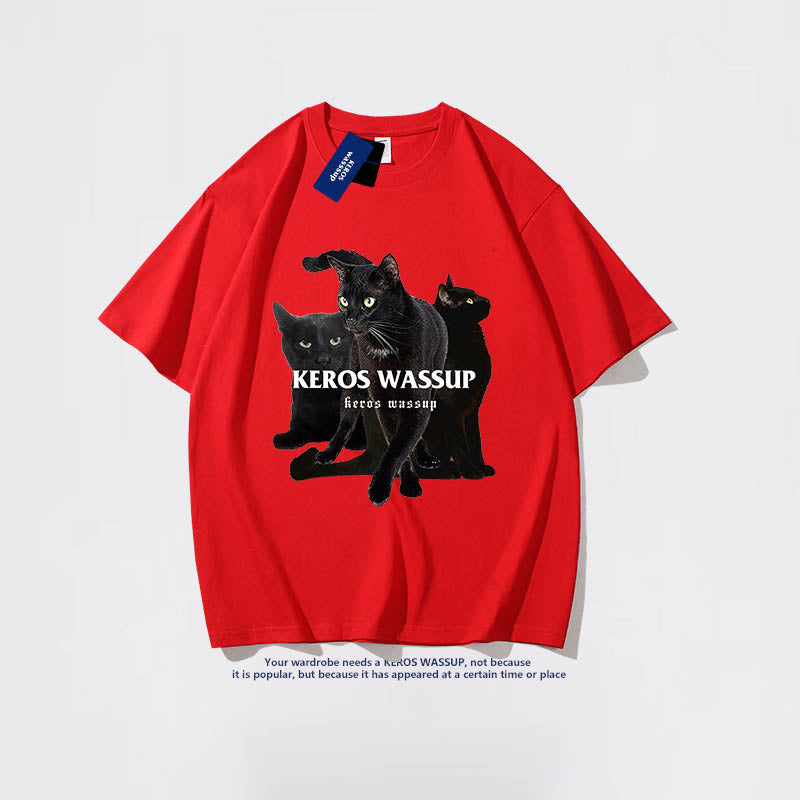 韓国風夏ファッション 半袖黒猫プリントコットンラウンドネックTシャツ