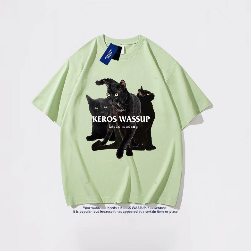 韓国風夏ファッション 半袖黒猫プリントコットンラウンドネックTシャツ