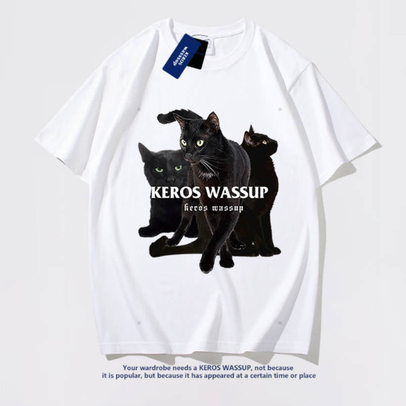 韓国風夏ファッション 半袖黒猫プリントコットンラウンドネックTシャツ