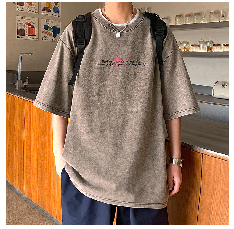 高見えデザイン ファッション レトロプリント ラウンドネック コットン Tシャツ モード系