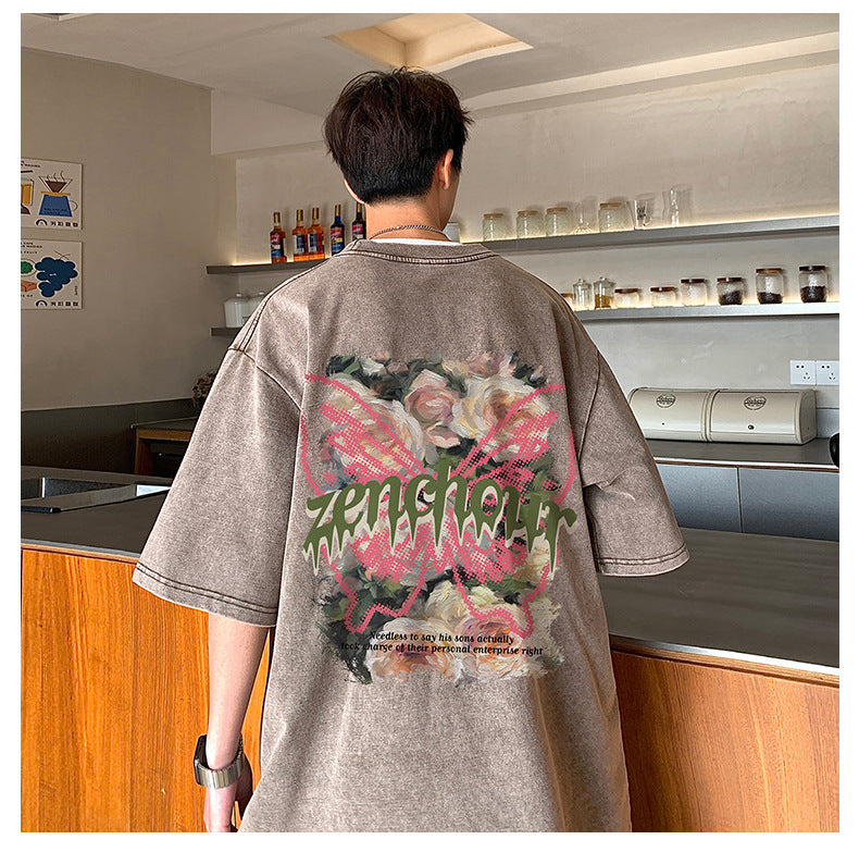 高見えデザイン ファッション レトロプリント ラウンドネック コットン Tシャツ モード系