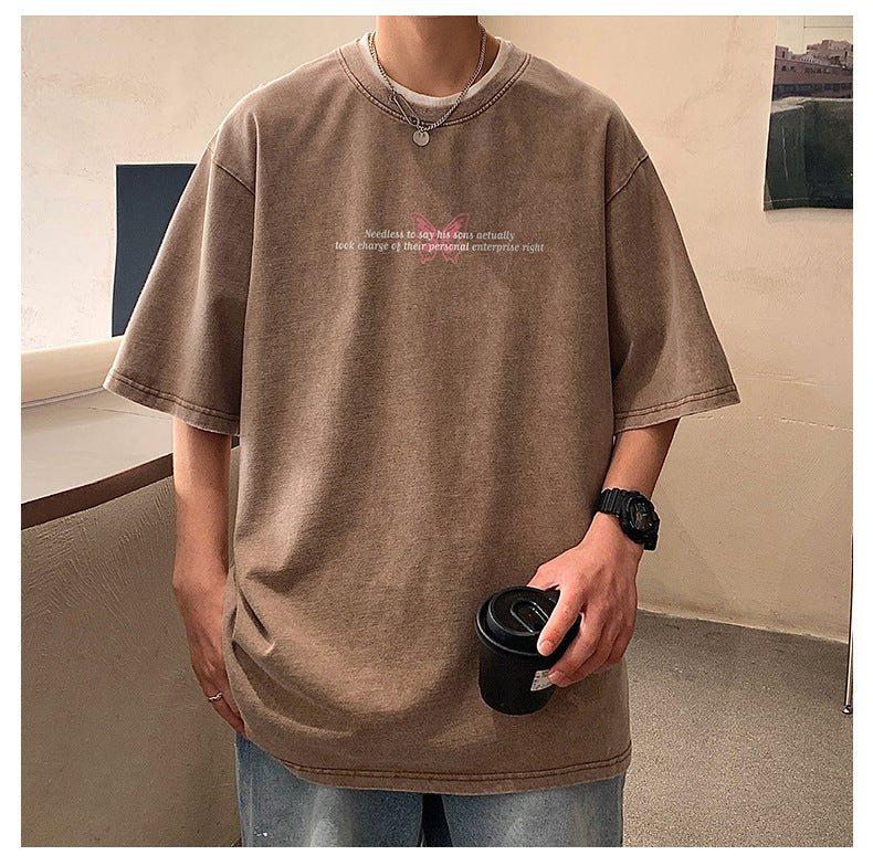 高見えデザイン ファッション レトロプリント ラウンドネック コットン Tシャツ モード系