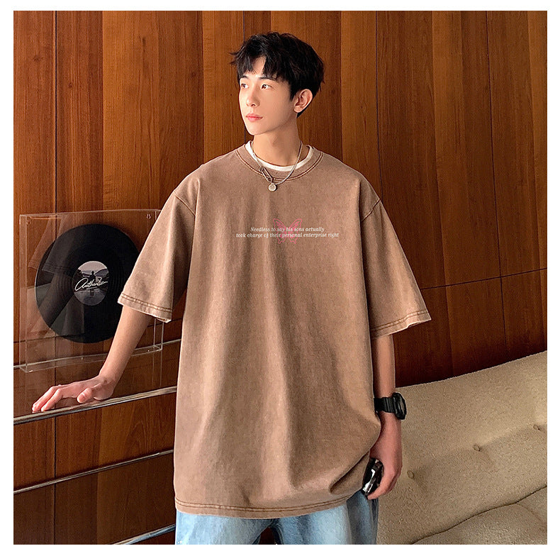 高見えデザイン ファッション レトロプリント ラウンドネック コットン Tシャツ モード系