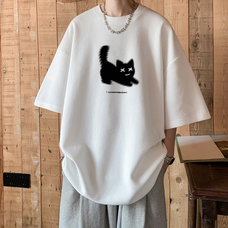 3カラー展開 ゆったり 大きいサイズ 五分袖 キャットプリント Tシャツ