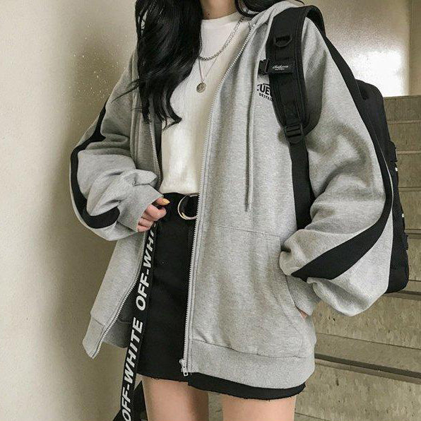 カーディガンレディースファッション韓国 可愛い 服 超大人可愛いスボーツ系　フード付きアルファベットジッパー長袖秋切り替え　カーディガン