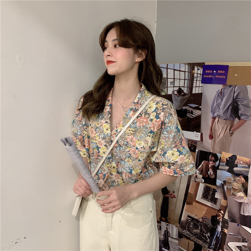 シャツ・ブラウス韓国 レディース可愛い 服プリントシングルブレストポリエステル半袖レトロ韓国系春夏切り替えPOLOネック赤オレンジブルー10代20代30代ボタンシャツ・ブラウス