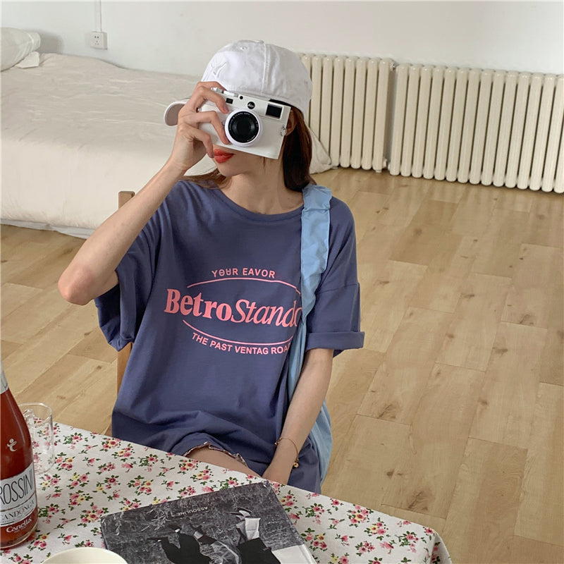 Tシャツレディースファッション可愛い 服アルファベットプルオーバーポリエステル半袖韓国系夏プリントラウンドネックTシャツ