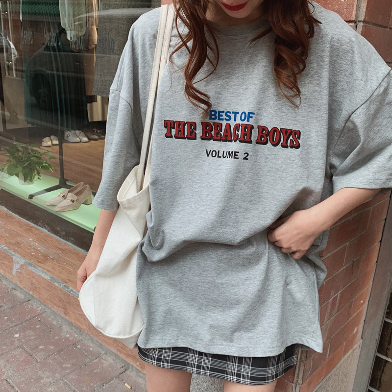 アルファベットプルオーバーコットン半袖カジュアル韓国系春夏プリント秋ラウンドネックグレーホワイトTシャツ