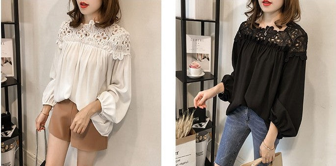 シャツ・ブラウス韓国 レディース可愛い 服レディース チュニック 春 レース 切り替え 透かし彫り ゆったり 合わせやすい トップス