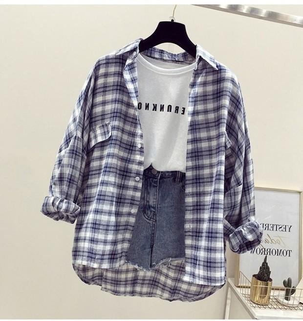 シャツ・ブラウス韓国 レディース可愛い 服定番 春服 レディース　ゆったり カジュアル　チェック柄シングルブレスト春秋長袖カジュアルPOLOネックシャツ・ブラウス