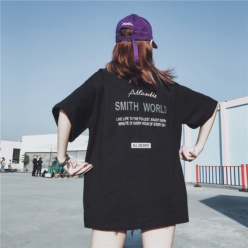 アルファベットプルオーバーポリエステル半袖シンプル夏プリントラウンドネックホワイトブラックTシャツ