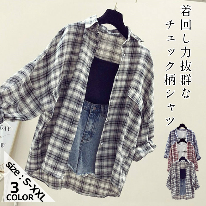 シャツ・ブラウス韓国 レディース可愛い 服定番 春服 レディース　ゆったり カジュアル　チェック柄シングルブレスト春秋長袖カジュアルPOLOネックシャツ・ブラウス