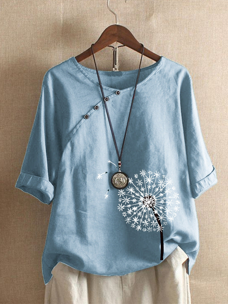 Tシャツレディースファッション可愛い 服プリントプルオーバー綿麻半袖プラスサイズ夏プリントラウンドネックボタンTシャツ