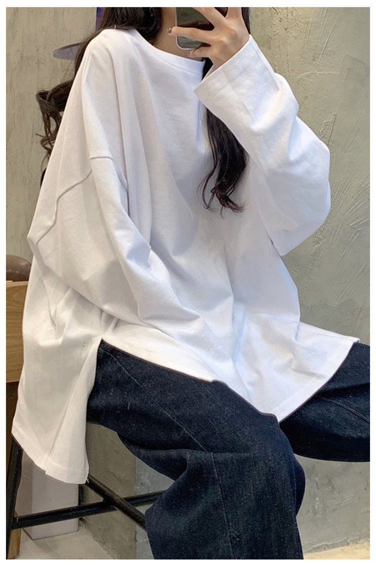Tシャツレディースファッション可愛い 服無地プルオーバーコットン長袖シンプル韓国系春夏秋スリットラウンドネックホワイト20~30代20~40代Tシャツ