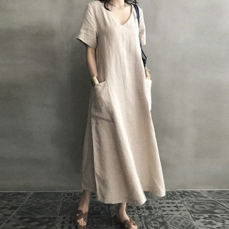 ワンピースレディースファッション可愛い 服ワンピースレディースファッション可愛い 服レトロ・エスニック系  着心地よい  合成繊維・綿麻生地  半袖  カジュアル  すね丈  夏  Vネック  カジュアル  Aライン・ワンピース  ３色展開