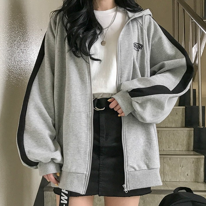 カーディガンレディースファッション韓国 可愛い 服 超大人可愛いスボーツ系　フード付きアルファベットジッパー長袖秋切り替え　カーディガン