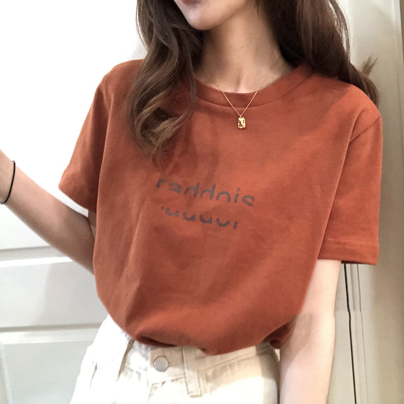 Tシャツレディースファッション可愛い 服プリントアルファベットプルオーバーポリエステル半袖シンプルファッション春夏ラウンドネックカーキオレンジブラックなしTシャツ