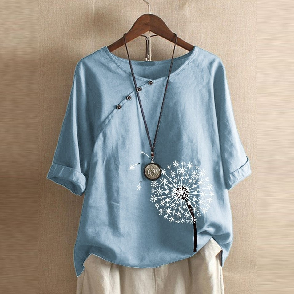 Tシャツレディースファッション可愛い 服プリントプルオーバー綿麻半袖プラスサイズ夏プリントラウンドネックボタンTシャツ