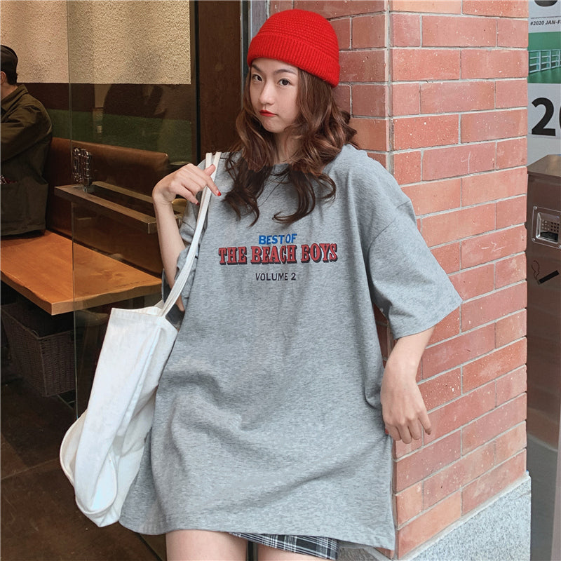 アルファベットプルオーバーコットン半袖カジュアル韓国系春夏プリント秋ラウンドネックグレーホワイトTシャツ