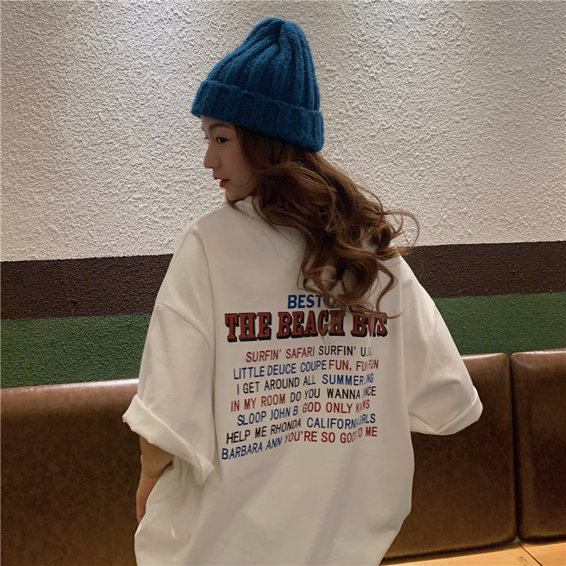 アルファベットプルオーバーコットン半袖カジュアル韓国系春夏プリント秋ラウンドネックグレーホワイトTシャツ