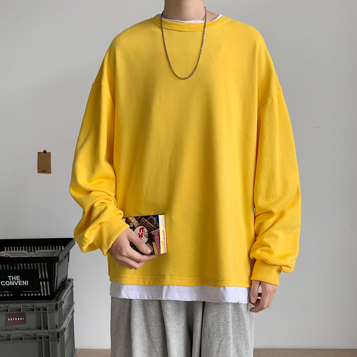 組み合わせやすい　韓国系 ファッション シンプル 無地 切り替え 長袖 ゆったり 多色展開 ラウンドネック 混纺 Tシャツ メンズトップス