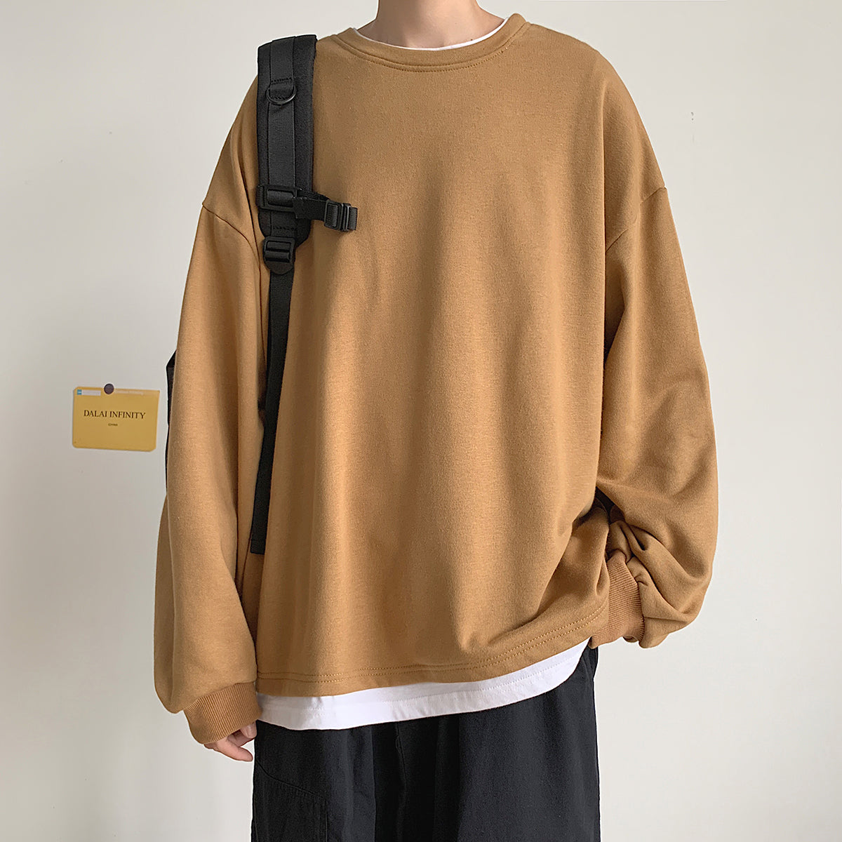 組み合わせやすい　韓国系 ファッション シンプル 無地 切り替え 長袖 ゆったり 多色展開 ラウンドネック 混纺 Tシャツ メンズトップス
