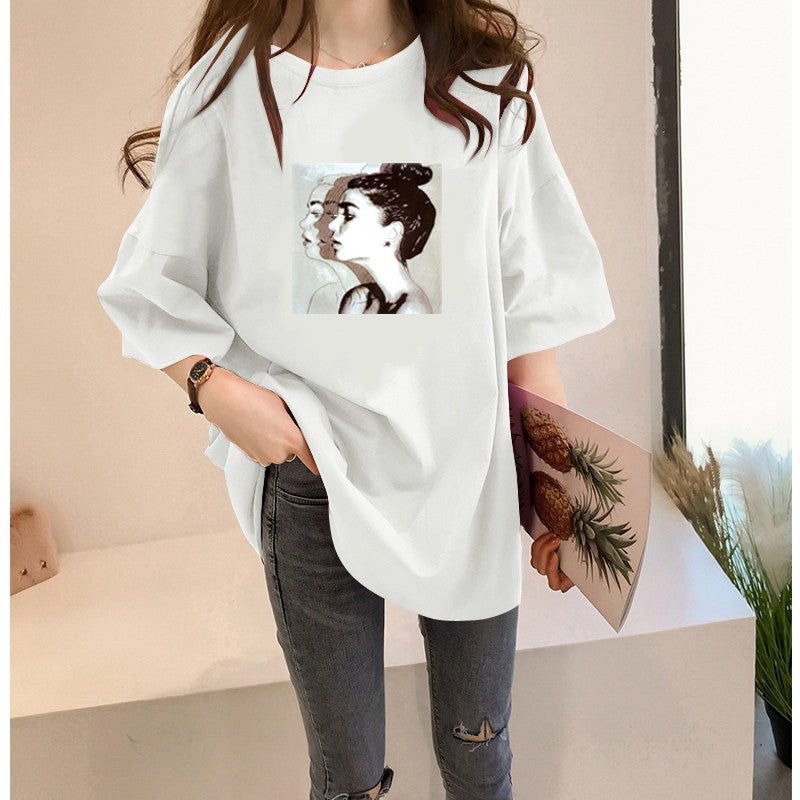 Tシャツレディースファッション可愛い 服プリントプルオーバーポリエステル半袖ファッション韓国系膝上夏ラウンドネックなしTシャツ