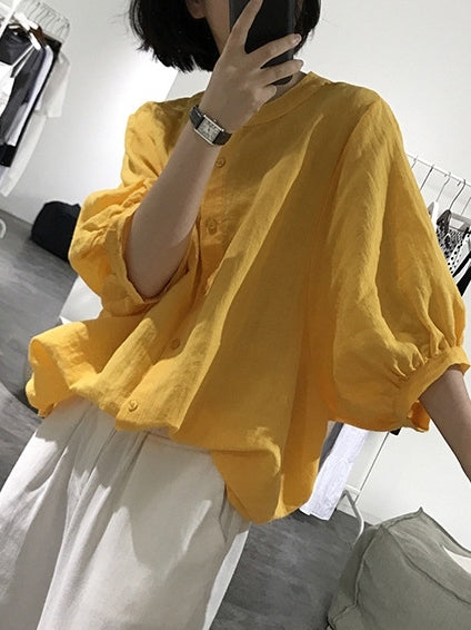 シャツ・ブラウスレディースファッション可愛い 服無地シングルブレスト綿麻シンプルドルマンスリーブ春夏切り替えラウンドネック五分袖シャツ・ブラウス