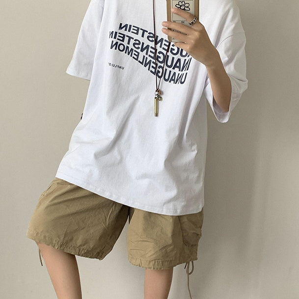 アルファベット　プルオーバー　ファッション　カジュアル　韓国系　プリント　夏服　ラウンドネック　五分袖　メンズTシャツ