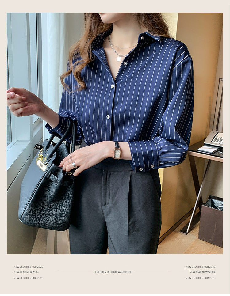 シャツ・ブラウスレディースファッション可愛い 服シングルブレストポリエステル長袖シンプルショート丈春夏秋POLOネックストライプ柄なしシャツ・ブラウス