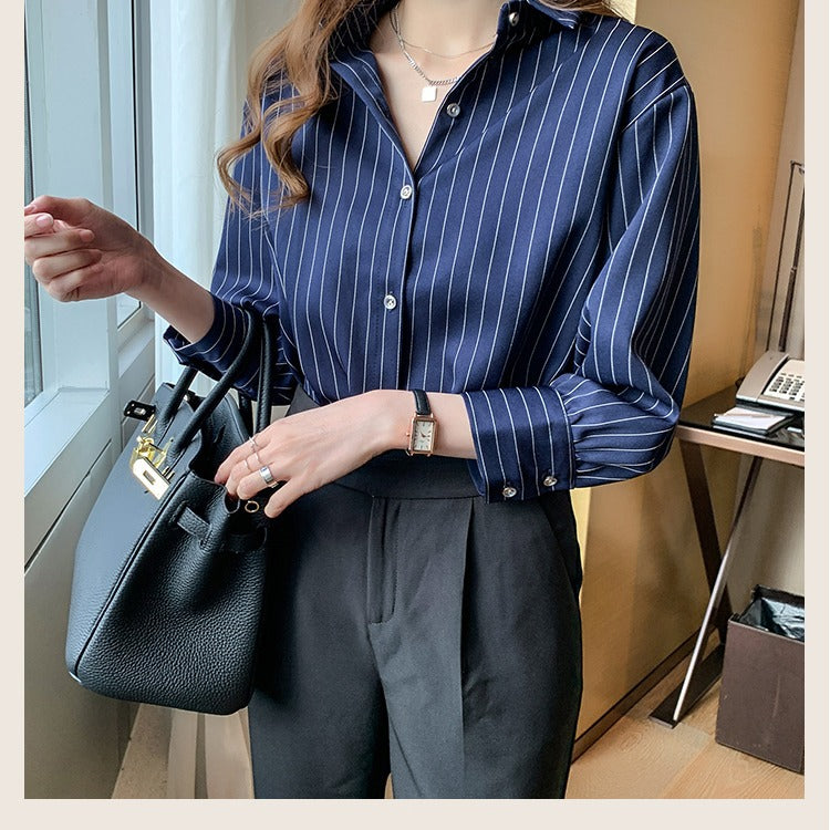 シャツ・ブラウスレディースファッション可愛い 服シングルブレストポリエステル長袖シンプルショート丈春夏秋POLOネックストライプ柄なしシャツ・ブラウス