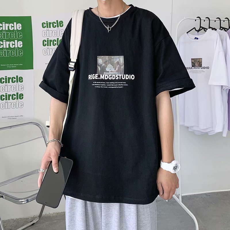 アルファベット  プリント  カジュアル  ストリート系   春夏  ショート丈  半袖  ラウンドネック  コットン　海辺  メンズＴシャツ