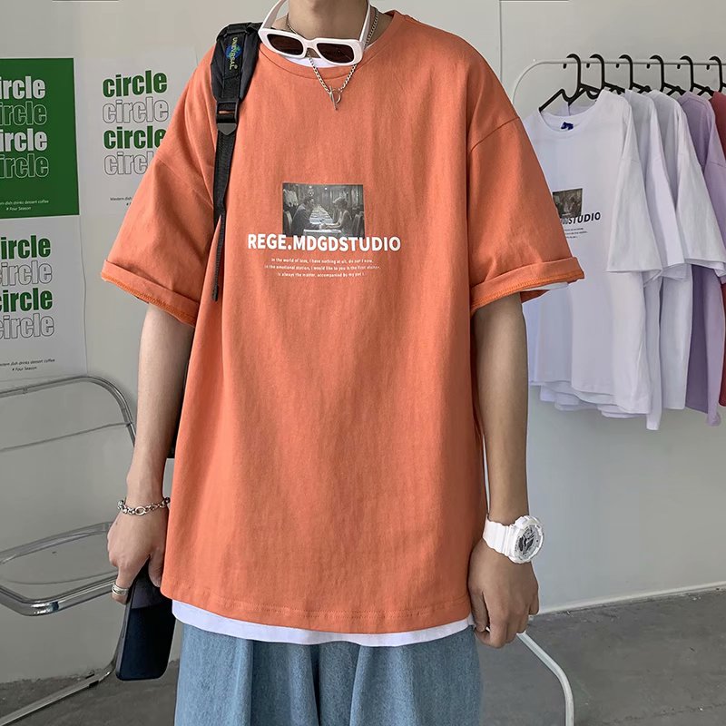 アルファベット  プリント  カジュアル  ストリート系   春夏  ショート丈  半袖  ラウンドネック  コットン　海辺  メンズＴシャツ