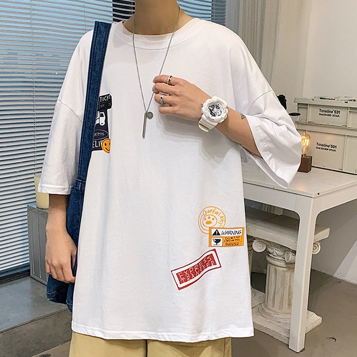 　夏ラウンドネックシンプルカジュアルプルオーバーポリエステルプリントアルファベット半袖メンズTシャツ