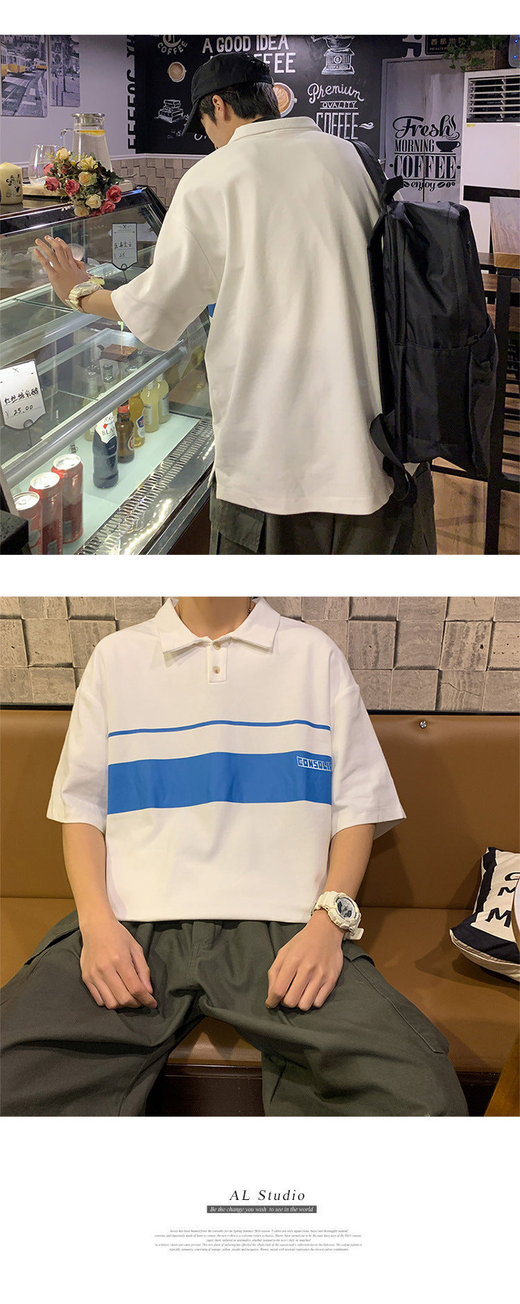 POLOネック切り替え半袖シンプルプルオーバーコットンオールシーズンメンズ半袖Tシャツ