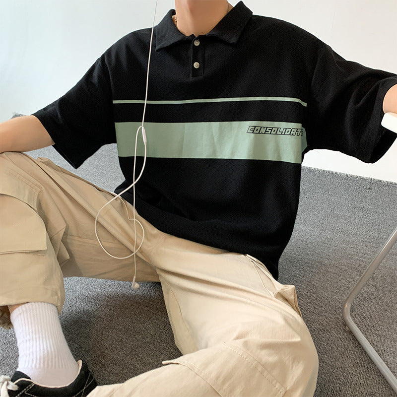 POLOネック切り替え半袖シンプルプルオーバーコットンオールシーズンメンズ半袖Tシャツ