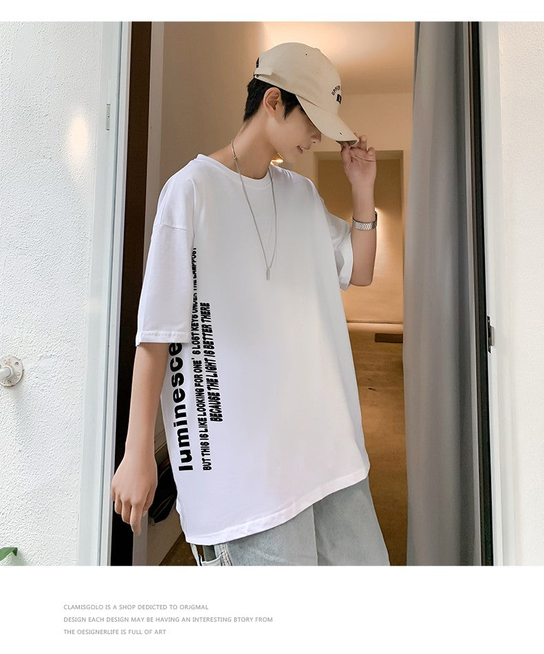 プリントアルファベットファッションラウンドネック無地シンプル半袖韓国系プルオーバーカジュアルメンズ半袖Tシャツ