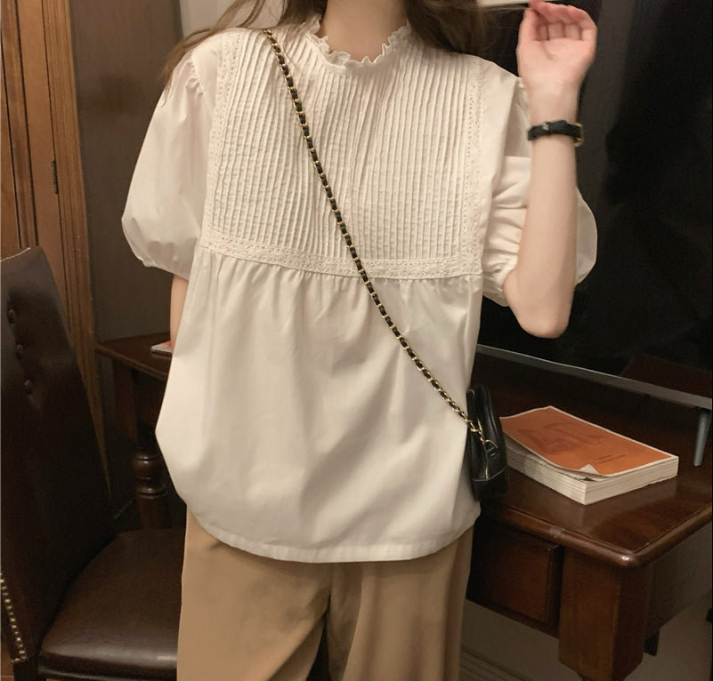 シャツ・ブラウスレディースファッション可愛い 服夏半袖無地プルオーバースウィートパフスリーブギャザー飾りポリエステルラウンドネックシャツ・ブラウス