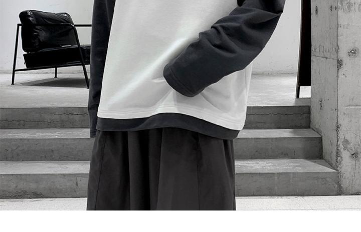 学園風切り替え春秋シンプルポリエステルラウンドネック長袖韓国系ショート丈プルオーバーメンズTシャツ