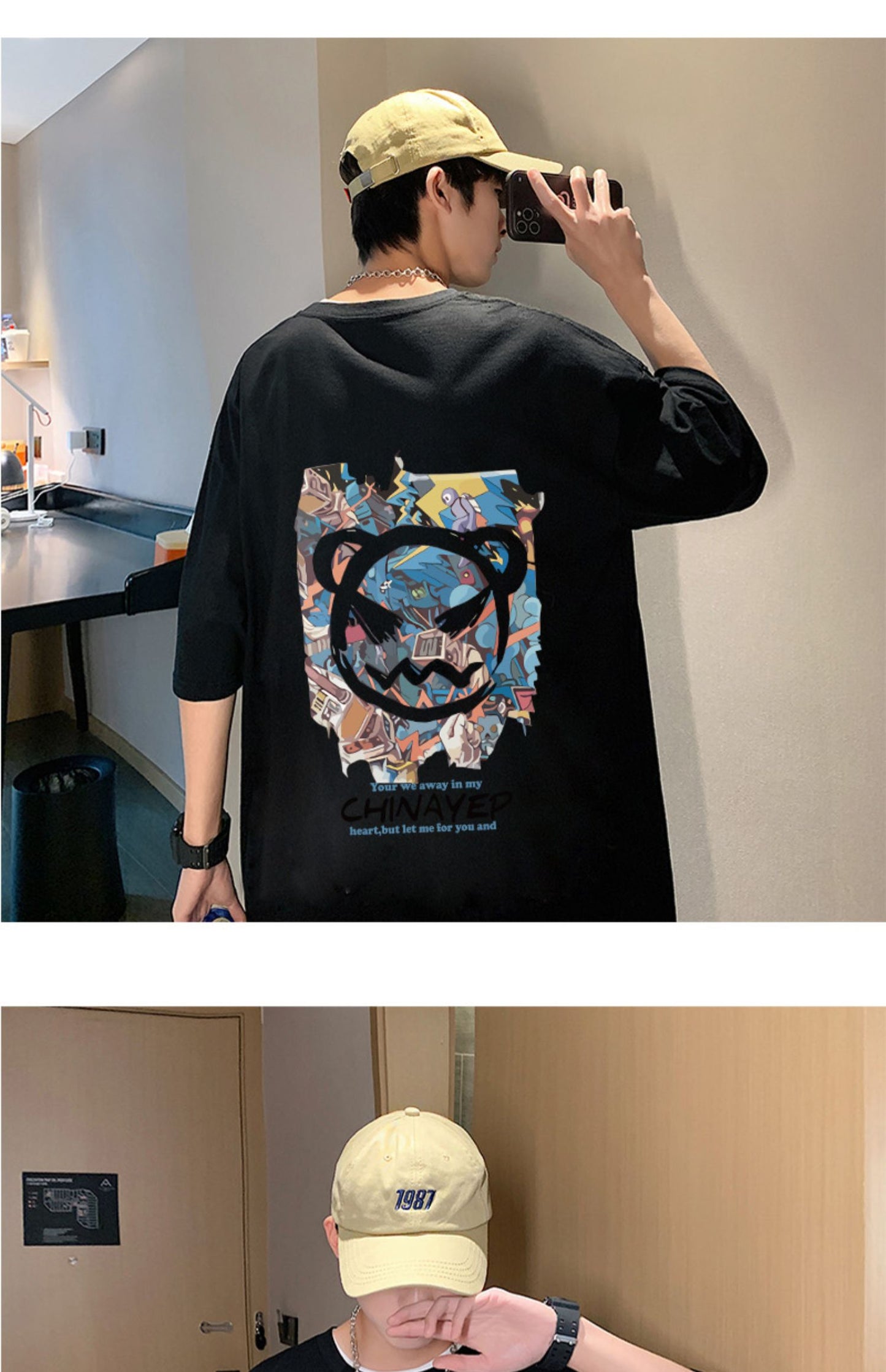 バック プリント t シャツ　プルオーバーコットン半袖シンプルプリントラウンドネック落書きメンズ半袖Tシャツ