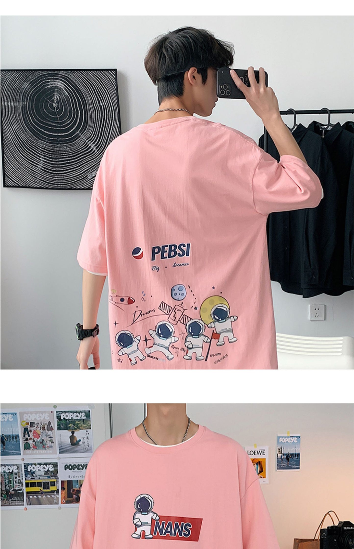 バック プリント t シャツ　プルオーバーコットン半袖シンプルプリントラウンドネック落書きメンズ半袖Tシャツ