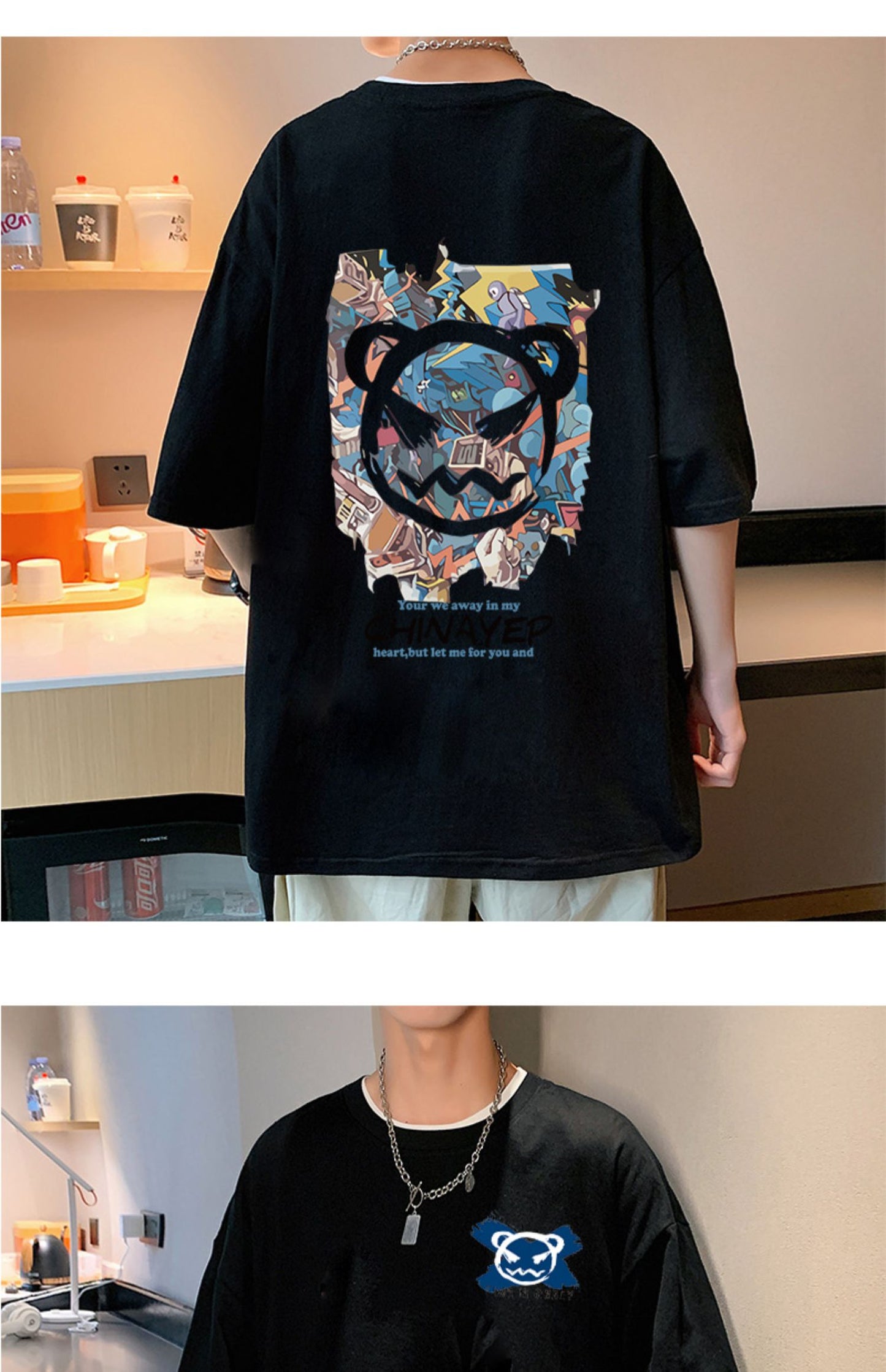 バック プリント t シャツ　プルオーバーコットン半袖シンプルプリントラウンドネック落書きメンズ半袖Tシャツ