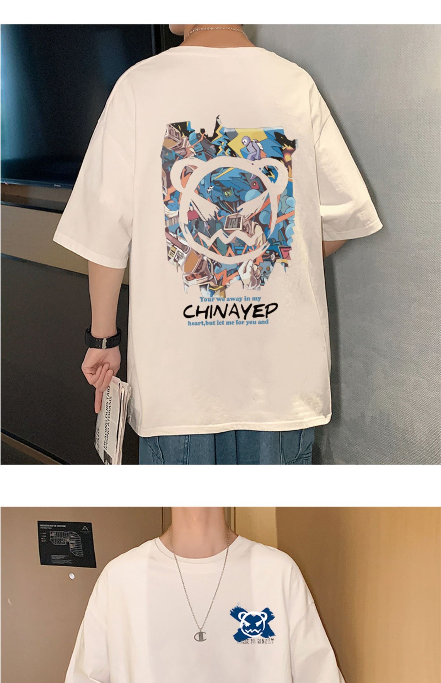 バック プリント t シャツ　プルオーバーコットン半袖シンプルプリントラウンドネック落書きメンズ半袖Tシャツ