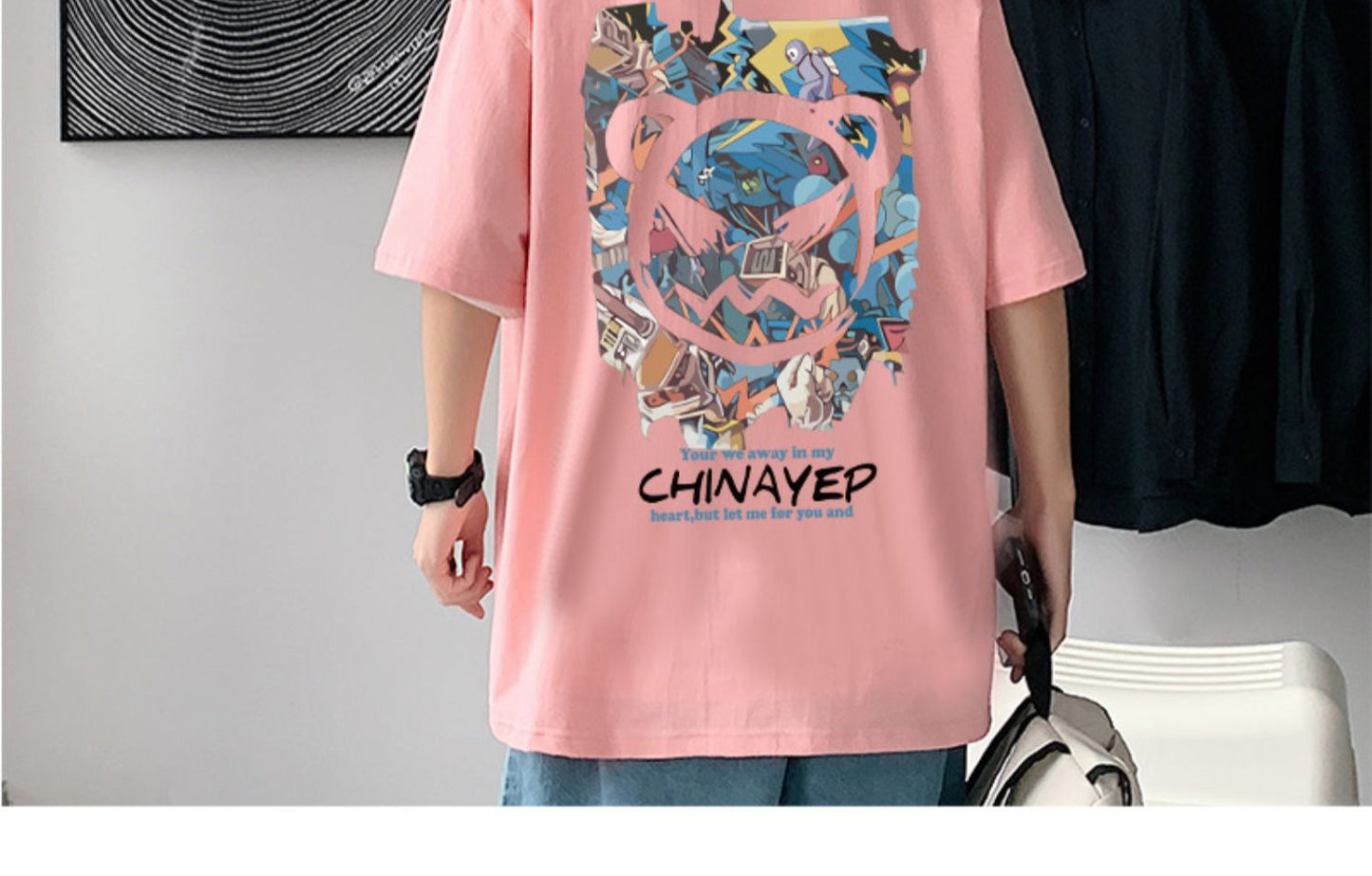 バック プリント t シャツ　プルオーバーコットン半袖シンプルプリントラウンドネック落書きメンズ半袖Tシャツ