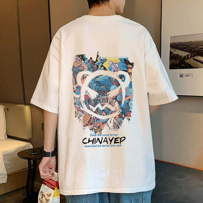 バック プリント t シャツ　プルオーバーコットン半袖シンプルプリントラウンドネック落書きメンズ半袖Tシャツ