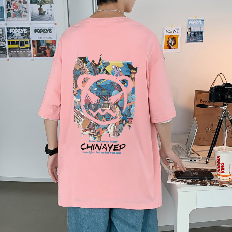 バック プリント t シャツ　プルオーバーコットン半袖シンプルプリントラウンドネック落書きメンズ半袖Tシャツ