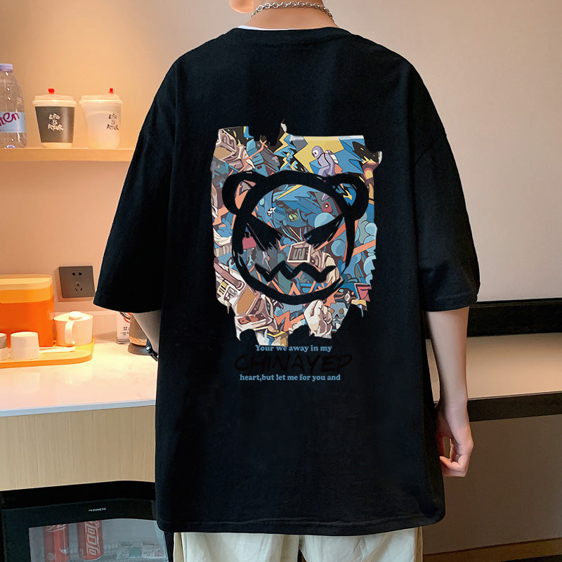 バック プリント t シャツ　プルオーバーコットン半袖シンプルプリントラウンドネック落書きメンズ半袖Tシャツ