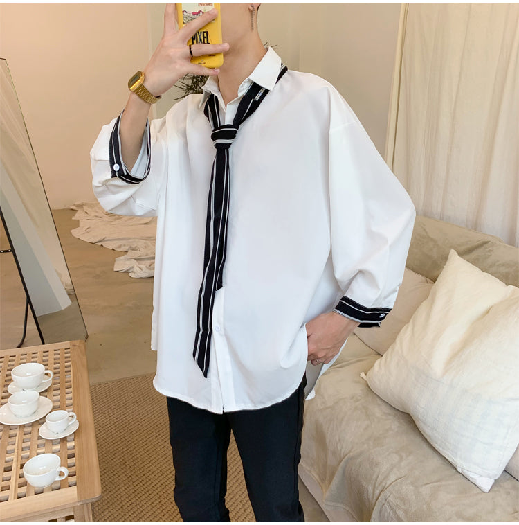 シングルブレストポリエステル長袖シンプルカジュアルレトロ韓国系切り替え折り襟メンズ長袖Tシャツ
