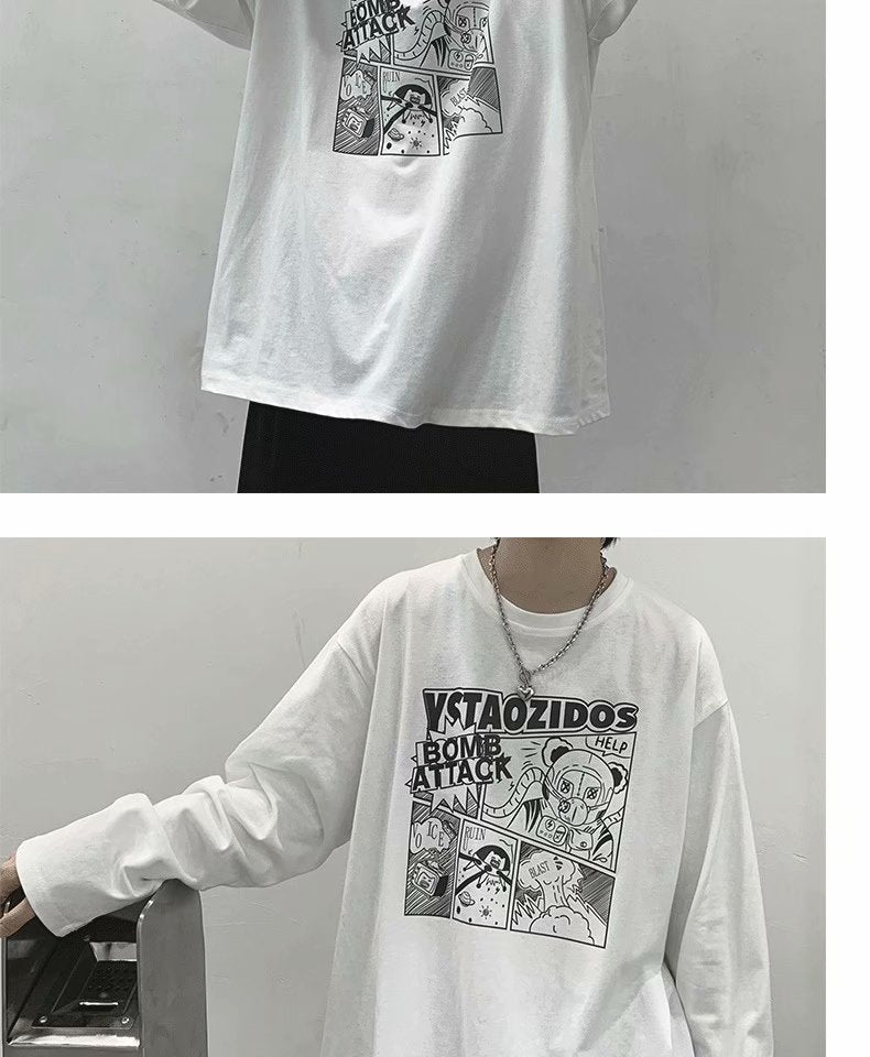 長袖Tシャツファッションメンズ 春服 長袖ラウンドネックプルオーバーショート丈プリント秋服カジュアル韓国系　